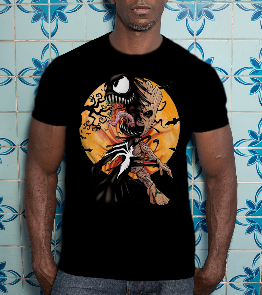 Baby Groot Venom Symbiote Halloween Moon Scene T-Shirt