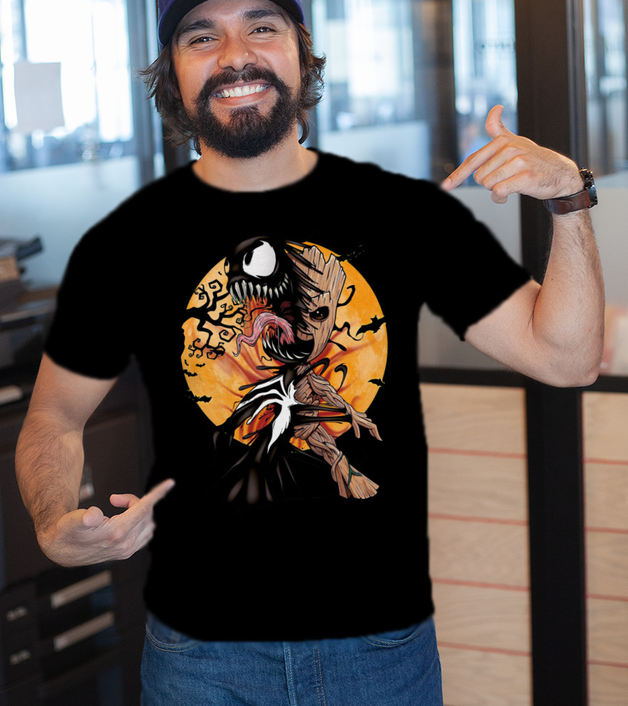 Baby Groot Venom Symbiote Halloween Moon Scene T-Shirt