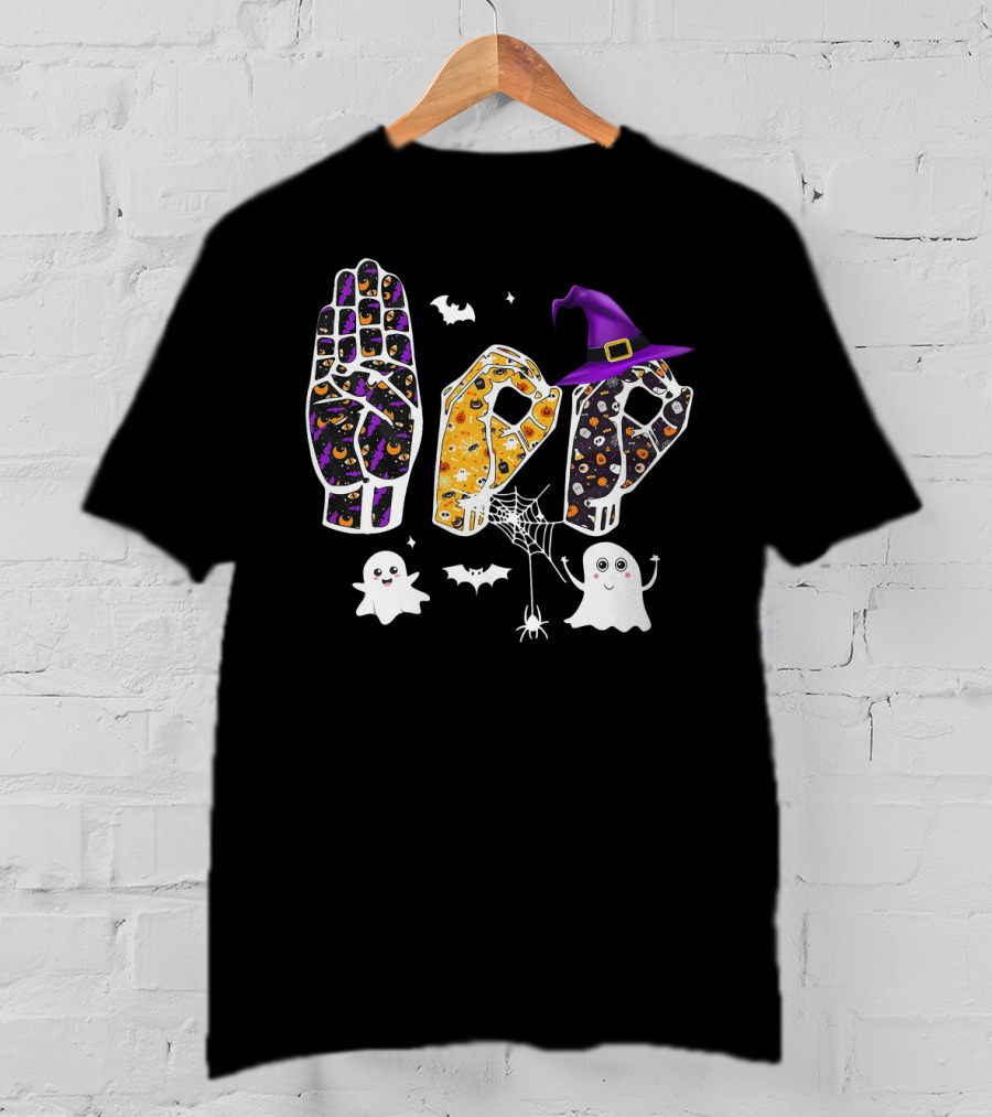 Deaf Pride Halloween Sign Language Hands With Ghosts Bats And Witch Hat T-Shirt