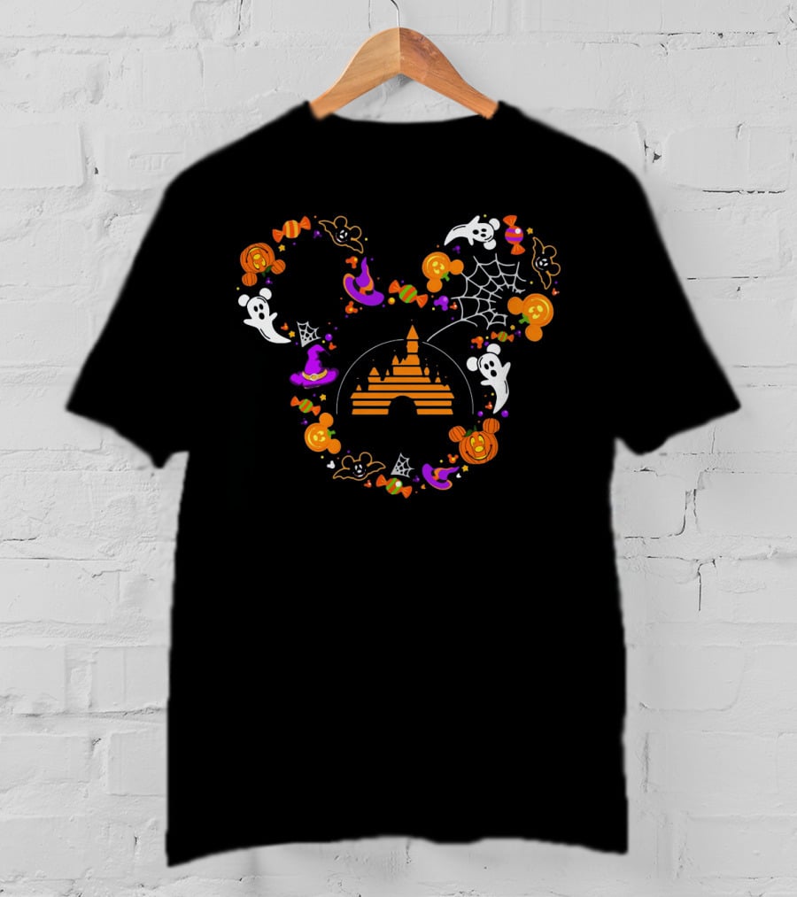 Mickey Mouse Halloween Candy Ghosts Pumpkins Magic Castle Spiderwebs T-Shirt