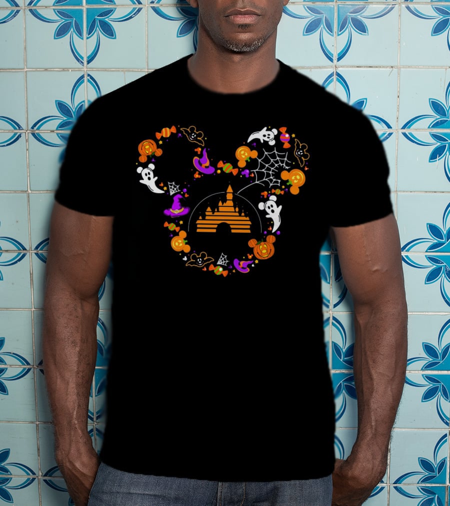 Mickey Mouse Halloween Candy Ghosts Pumpkins Magic Castle Spiderwebs T-Shirt