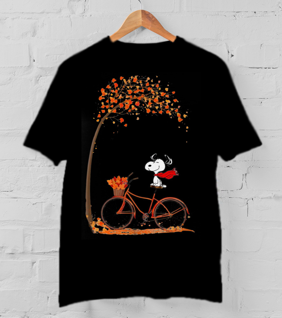 Snoopy Enjoying Autumn Leaves Bicycle Ride Under Fall Tree T-Shirt
