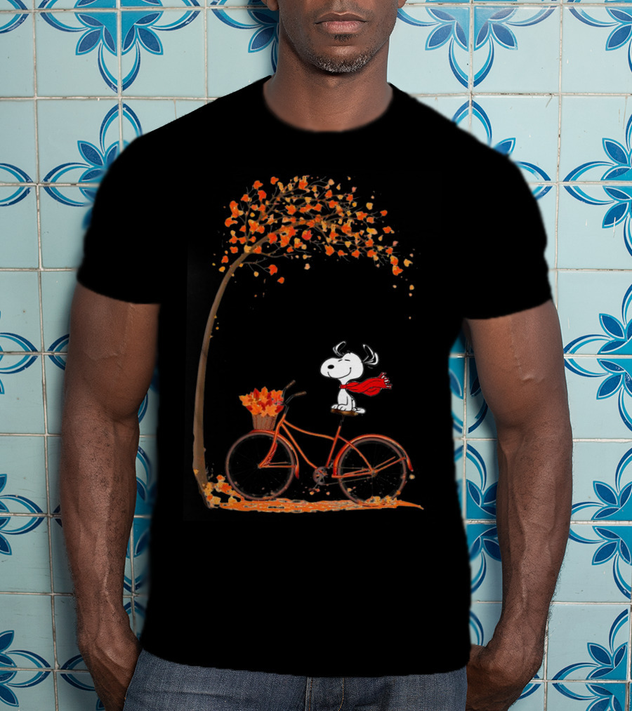 Snoopy Enjoying Autumn Leaves Bicycle Ride Under Fall Tree T-Shirt