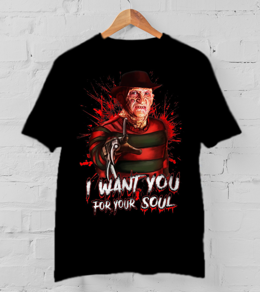 Freddy Krueger I Want You For Your Soul Horror Icon With Red And Green Stripes And Claw Glove T-Shirt