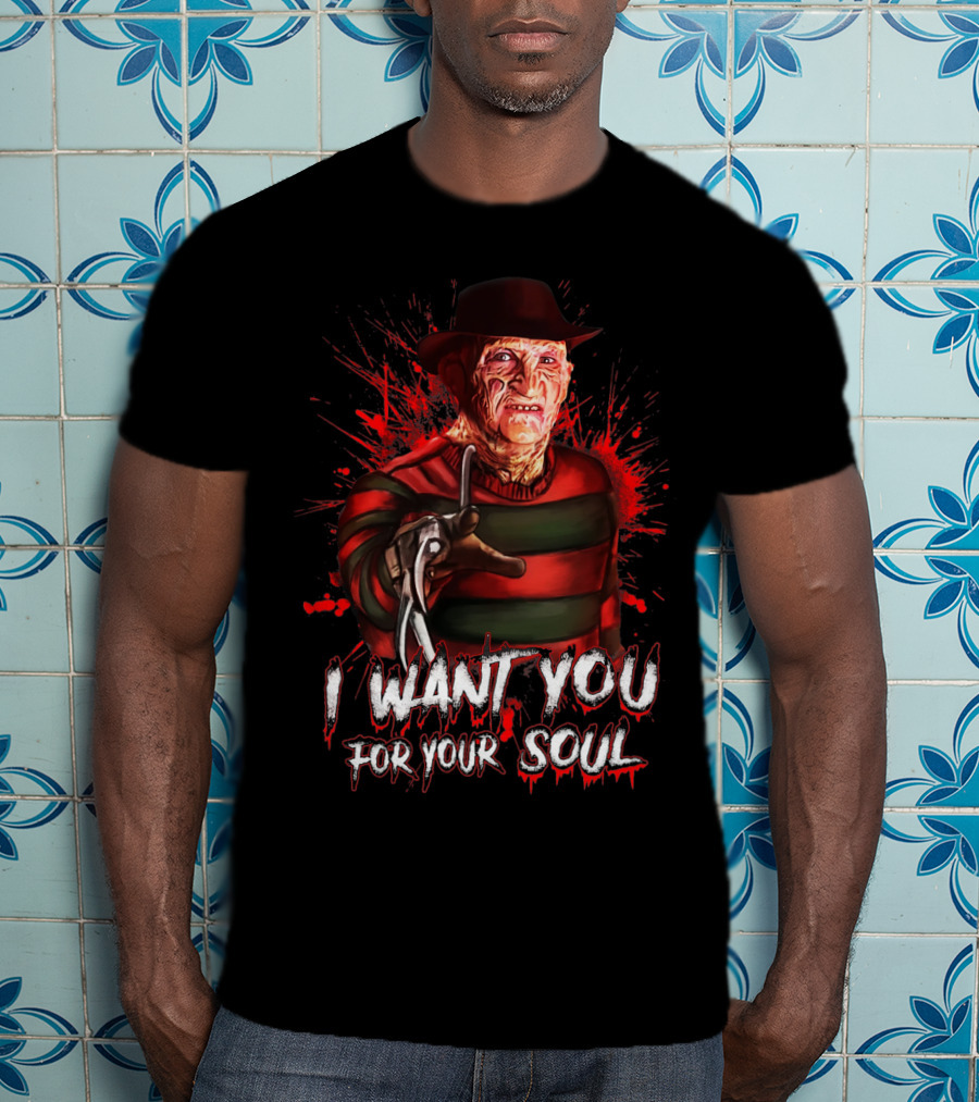 Freddy Krueger I Want You For Your Soul Horror Icon With Red And Green Stripes And Claw Glove T-Shirt