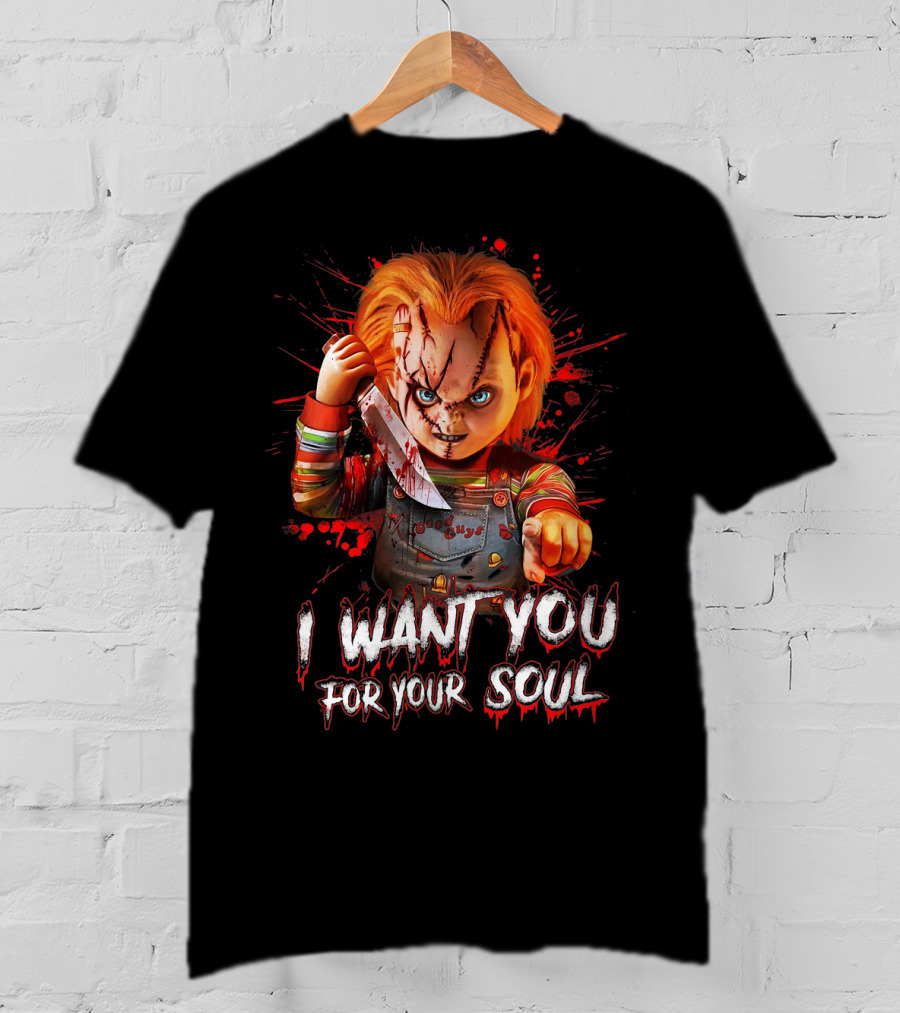 Chucky Horror Character With Knife I Want You For Your Soul T-Shirt