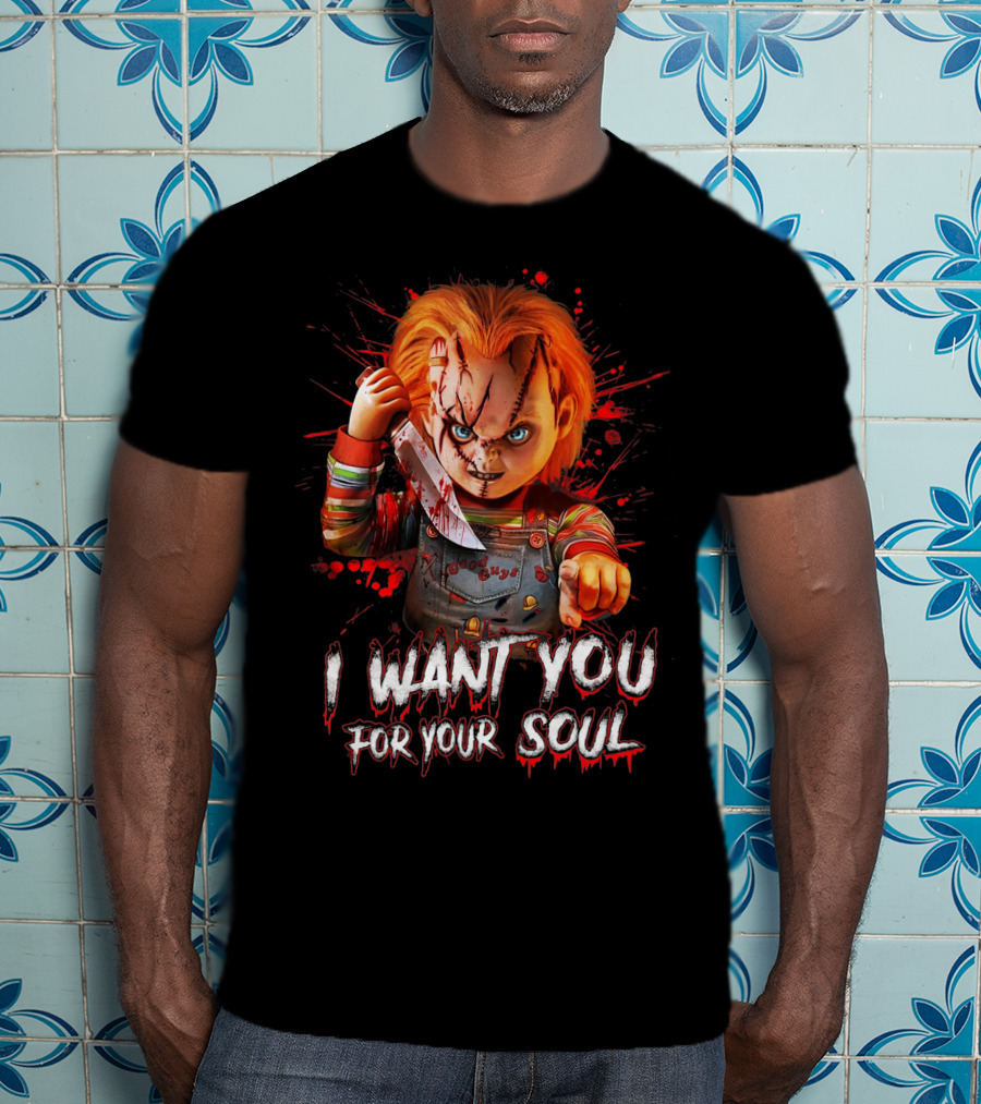 Chucky Horror Character With Knife I Want You For Your Soul T-Shirt