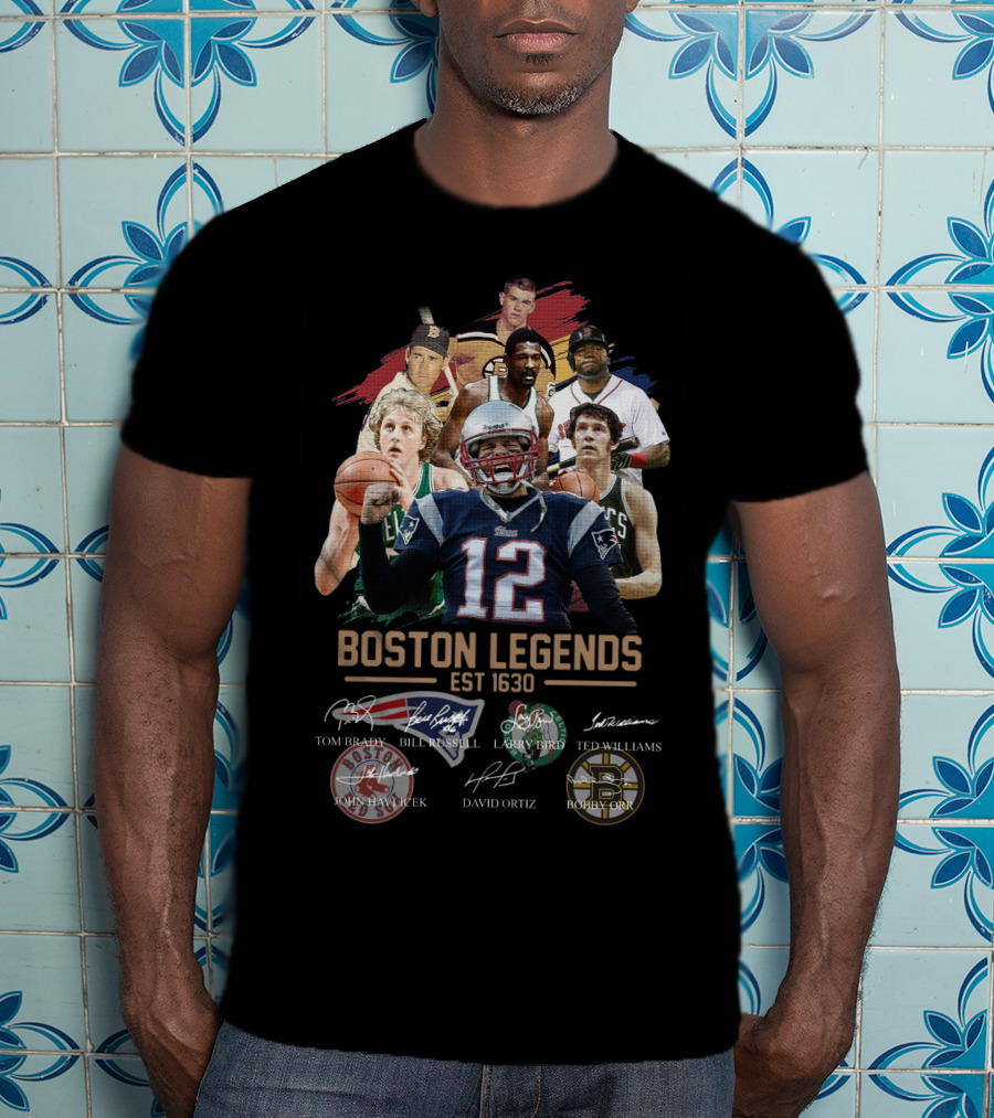 Boston Legends Est 1630 Tom Brady Ted Williams Bill Russell Larry Bird David Ortiz Bobby Orr T-Shirt
