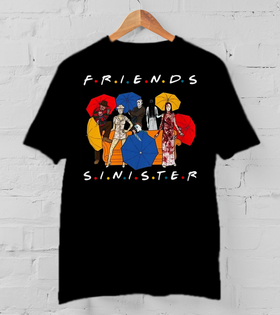 Friends Sinister Fusion Of Iconic Horror Characters On Central Perk Couch With Umbrellas T-Shirt