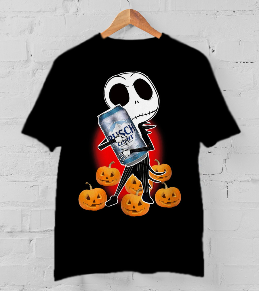Jack Skellington Busch Light Hug Surrounded By Pumpkins Halloween T-Shirt