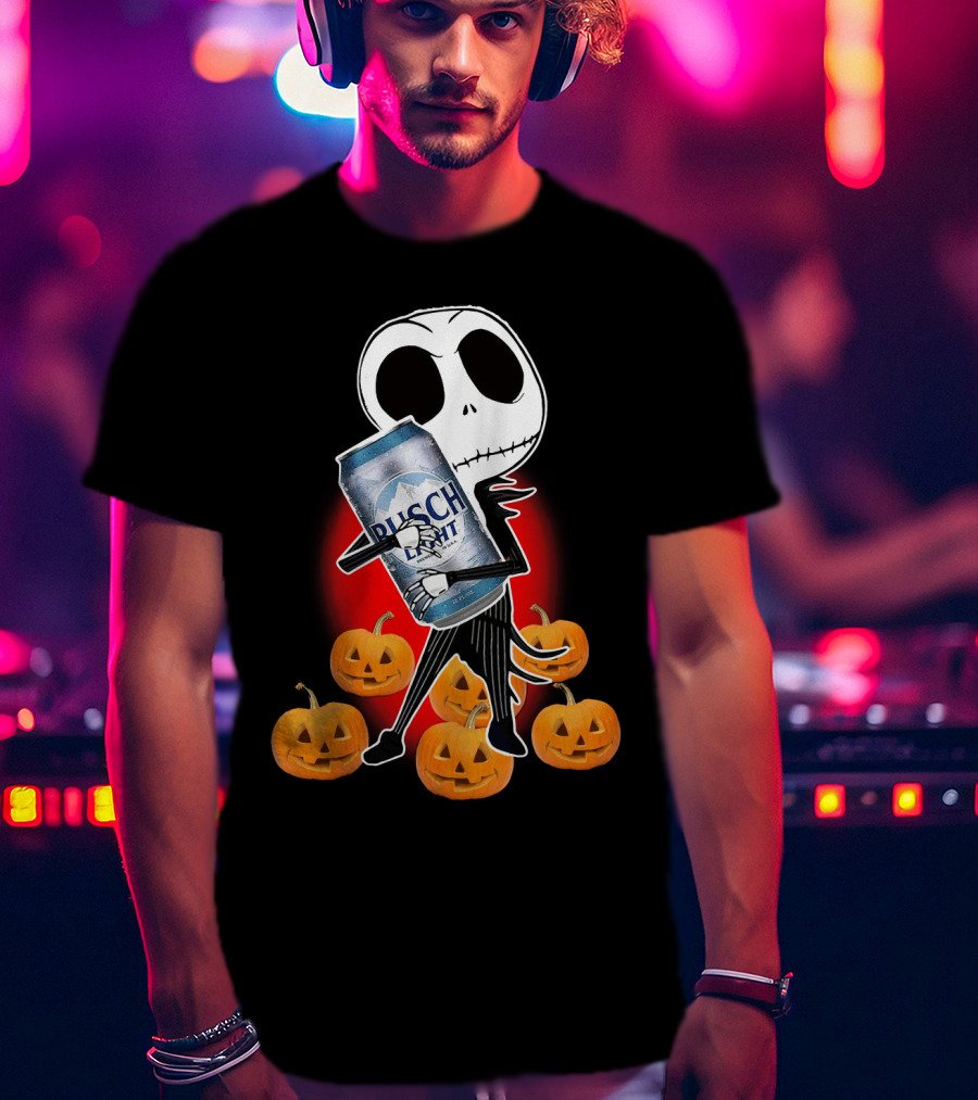 Jack Skellington Busch Light Hug Surrounded By Pumpkins Halloween T-Shirt