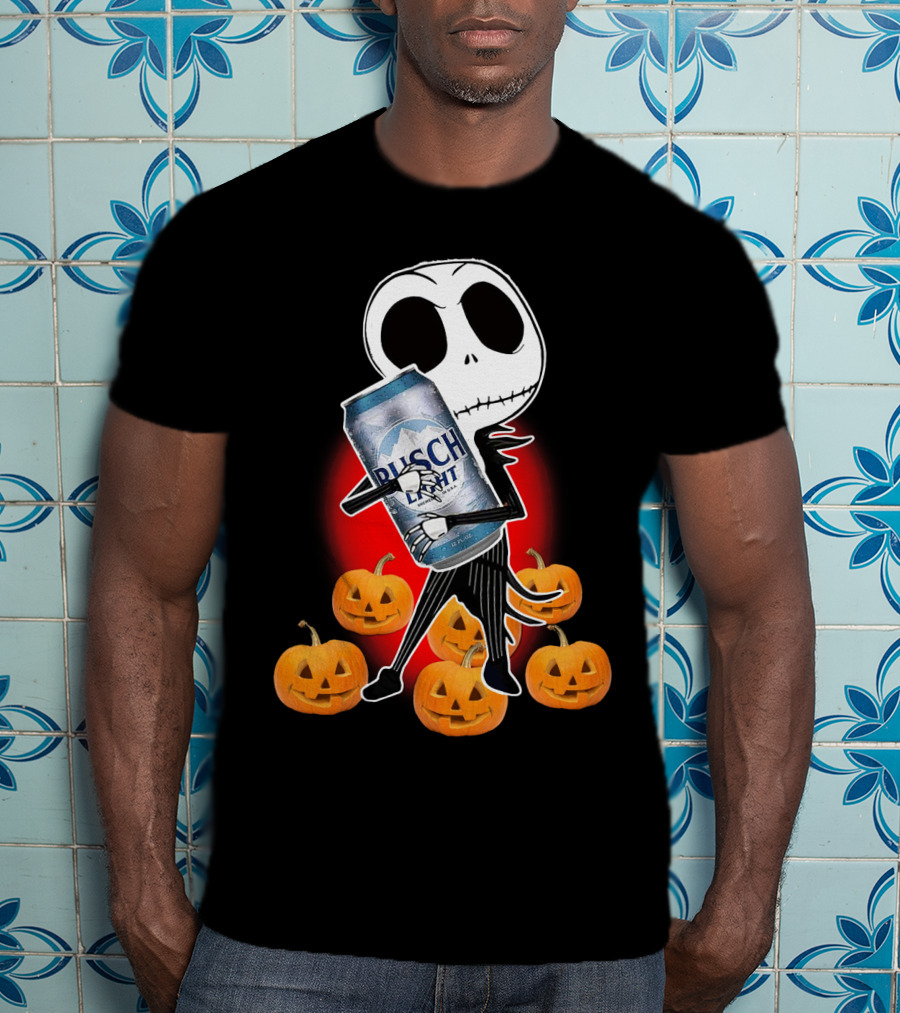 Jack Skellington Busch Light Hug Surrounded By Pumpkins Halloween T-Shirt