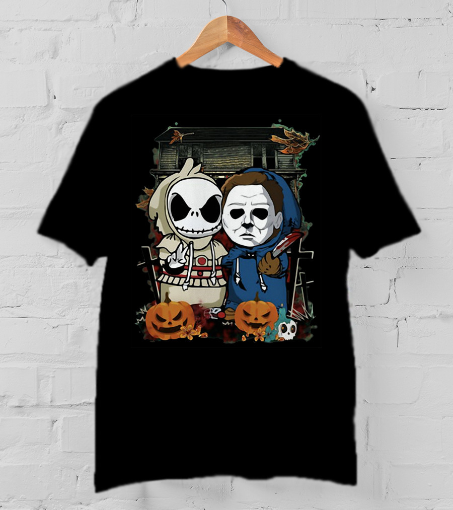 Jack Skellington And Michael Myers Halloween Crossover With Haunted House And Pumpkins T-Shirt