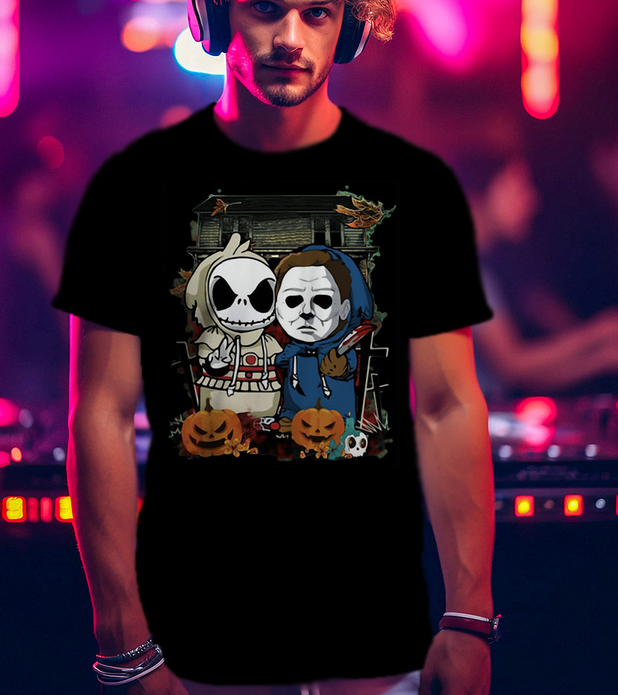 Jack Skellington And Michael Myers Halloween Crossover With Haunted House And Pumpkins T-Shirt