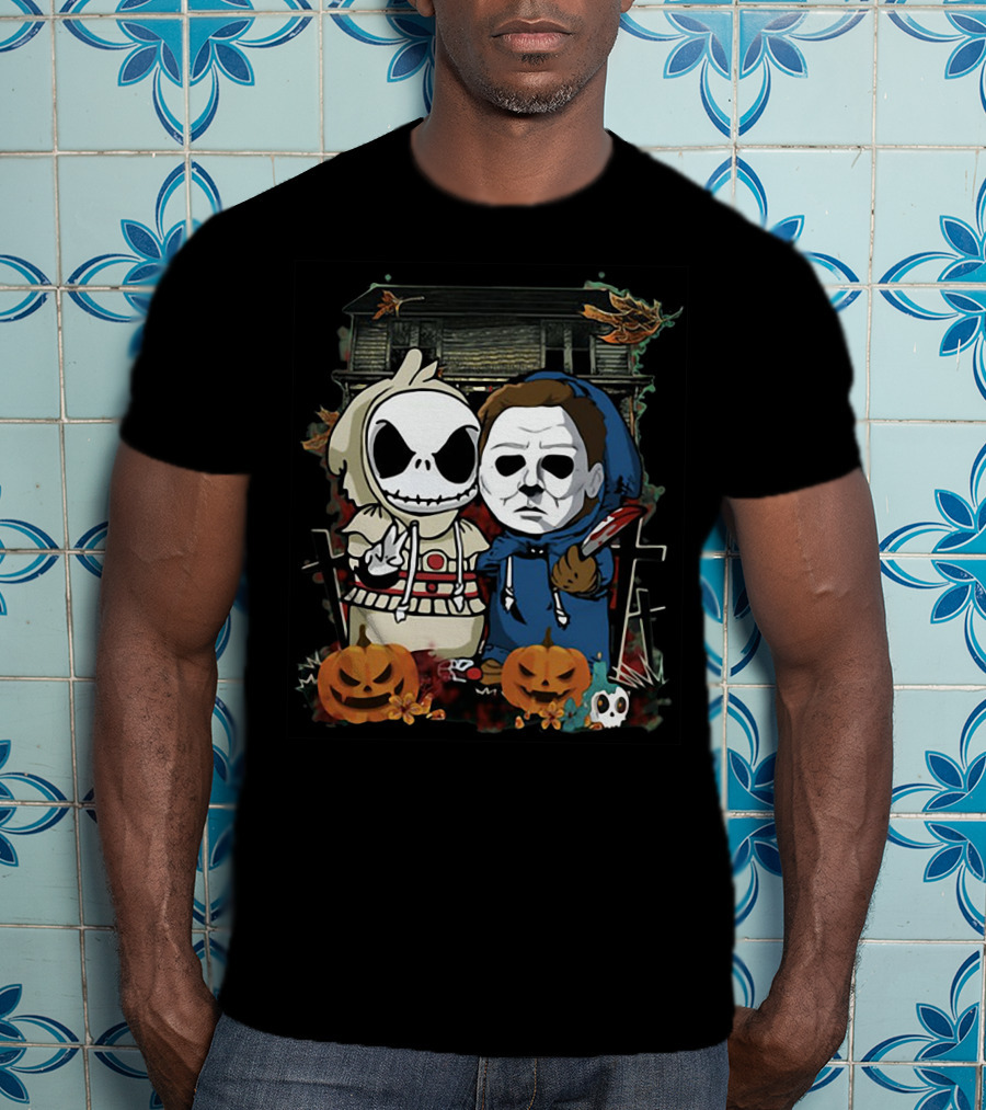 Jack Skellington And Michael Myers Halloween Crossover With Haunted House And Pumpkins T-Shirt