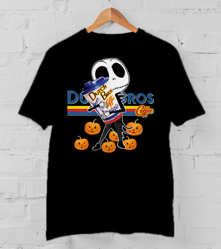 Jack Skellington Holding Dutch Bros Coffee Cup Surrounded By Pumpkins T-Shirt