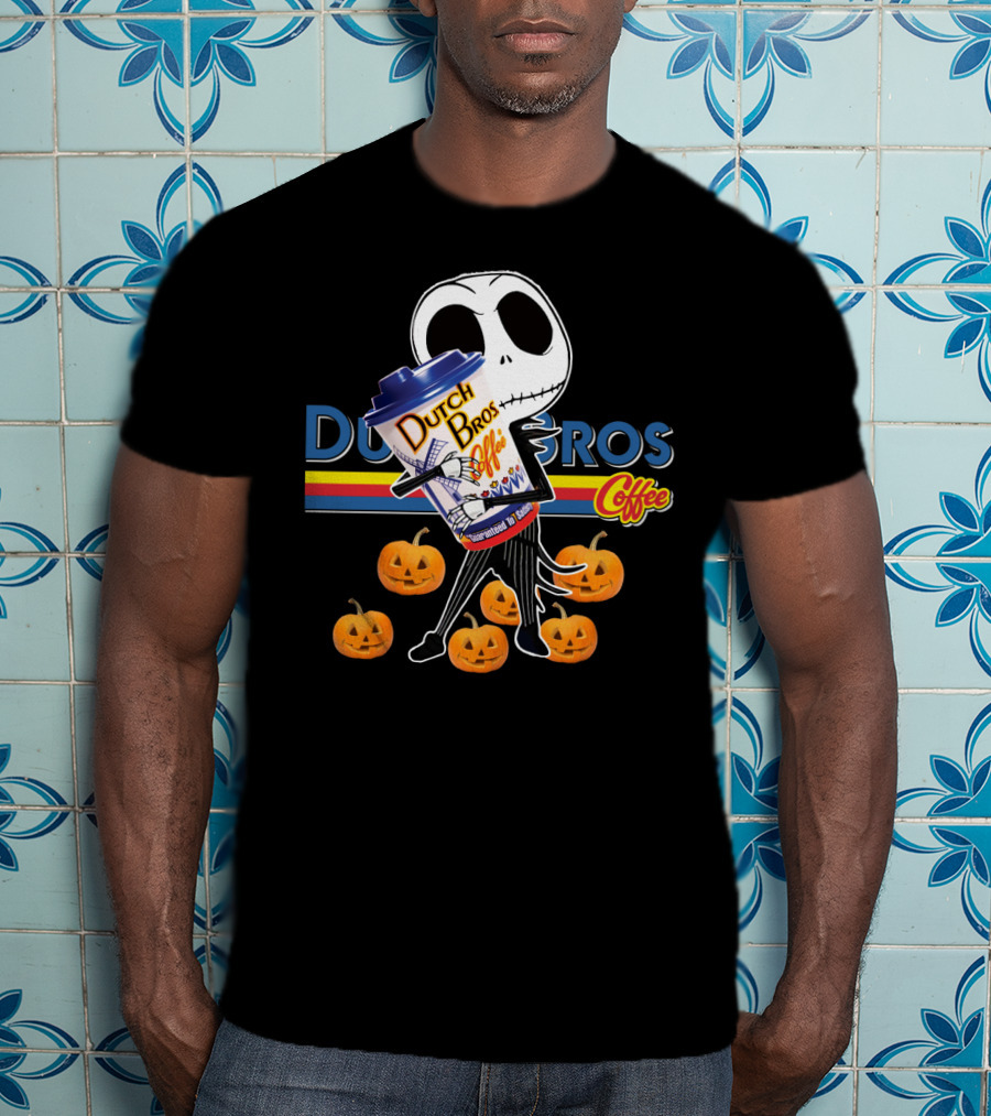 Jack Skellington Holding Dutch Bros Coffee Cup Surrounded By Pumpkins T-Shirt