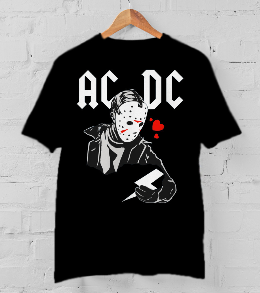 Acdc Jason Voorhees Mask Holding Lightning Bolt With Hearts T-Shirt