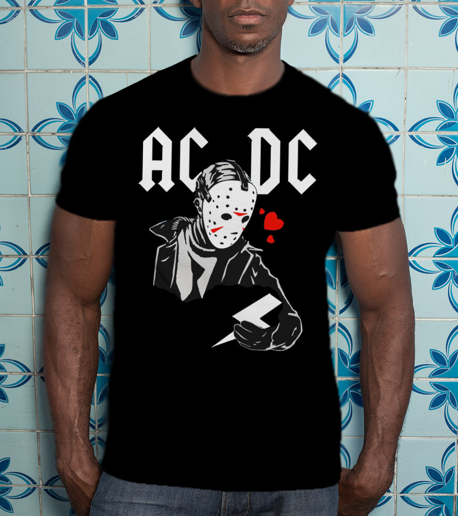 Acdc Jason Voorhees Mask Holding Lightning Bolt With Hearts T-Shirt