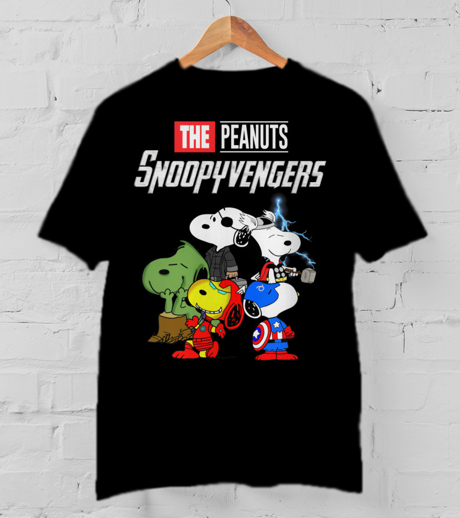 The Peanuts Snoopyvengers Marvel Avengers Endgame Crossover With Snoopy As Iron Man Captain America Thor Hulk Black Widow T-Shirt