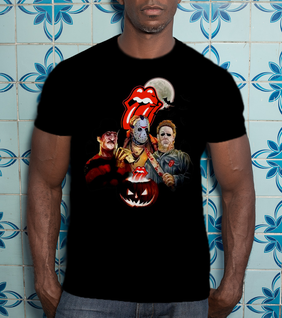 Michael Myers Voorhees Freddy Horror Mashup Halloween Moon Pumpkins Bats Tongue T-Shirt