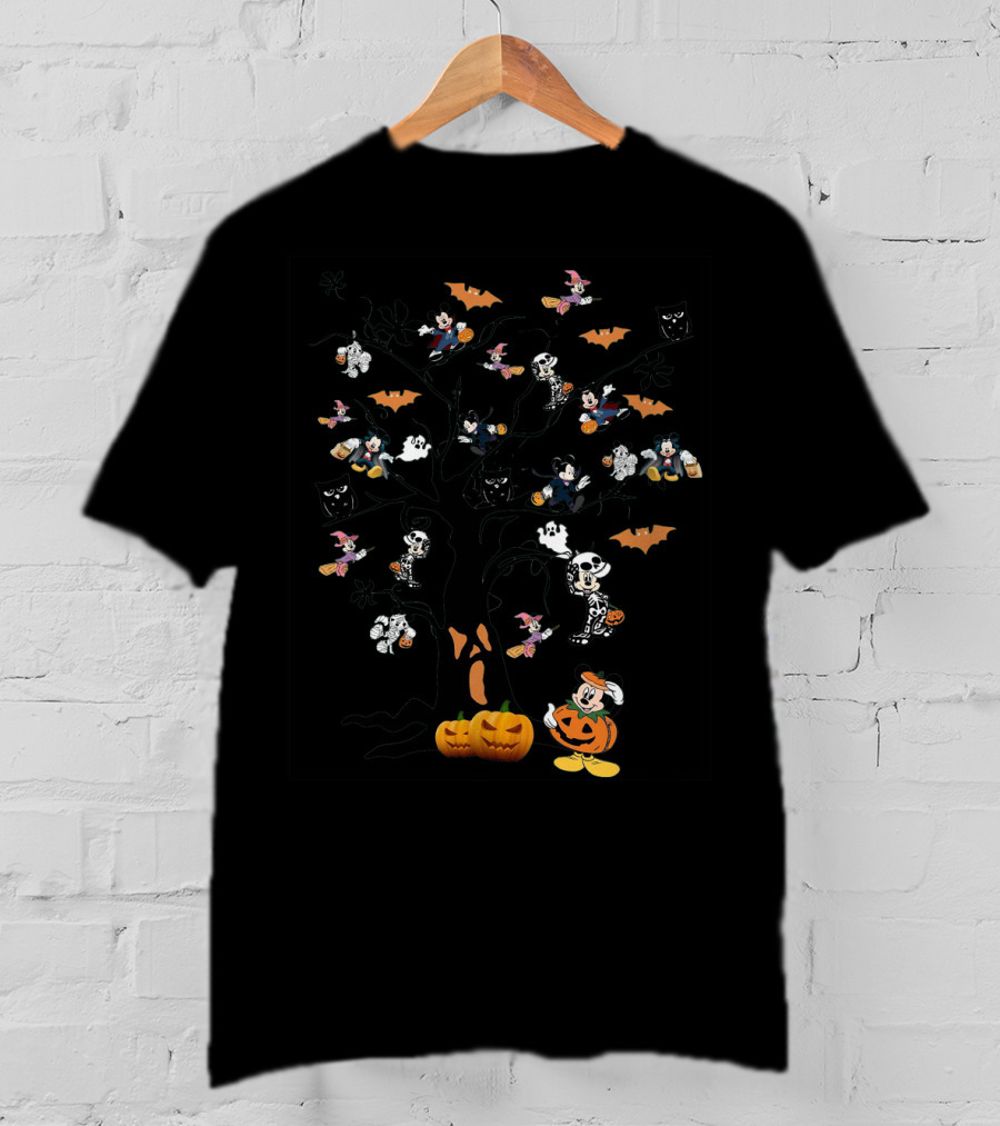 Mickey Mouse Halloween Tree With Pumpkins And Skeleton Costumes T-Shirt