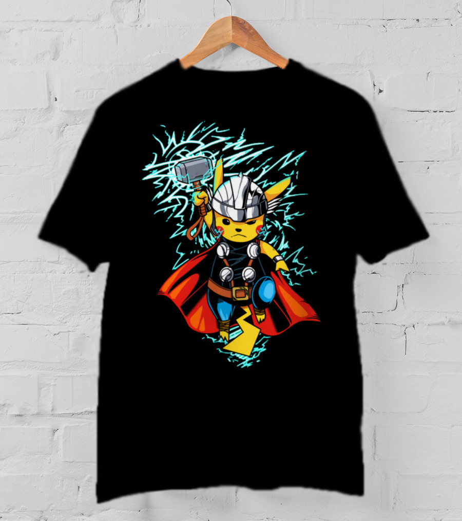 Pikachu Wielding Thor's Hammer With Lightning And Armor T-Shirt