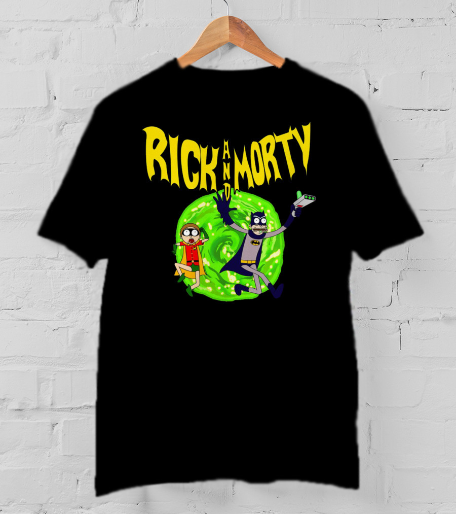 Rick And Morty In Batman Costumes With Portal Gun And Swirling Green Portal T-Shirt