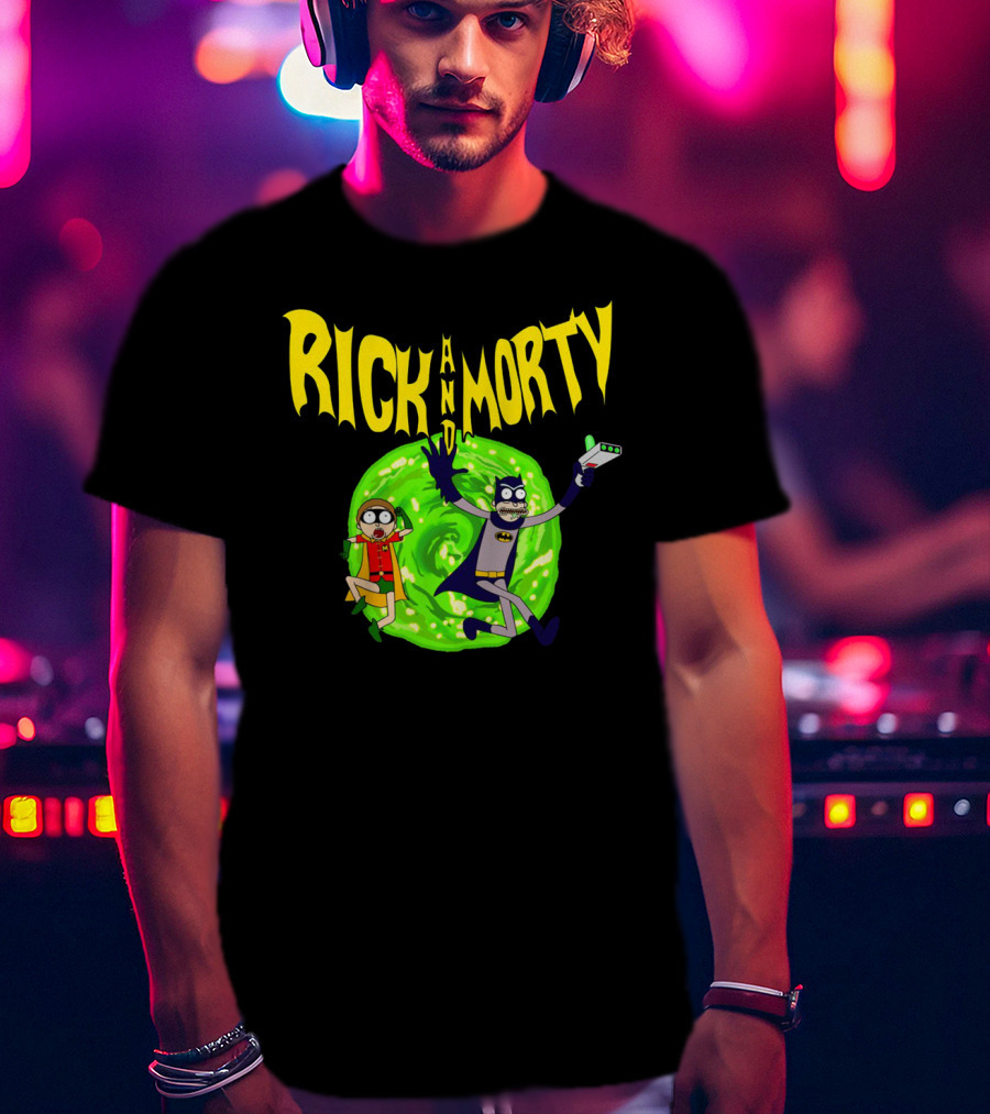 Rick And Morty In Batman Costumes With Portal Gun And Swirling Green Portal T-Shirt