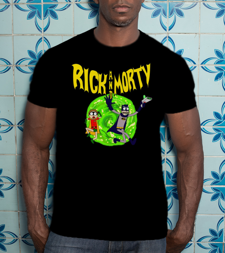 Rick And Morty In Batman Costumes With Portal Gun And Swirling Green Portal T-Shirt