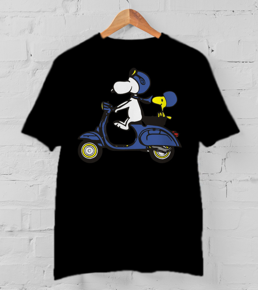 Snoopy And Woodstock Riding Blue Vespa With Helmets T-Shirt
