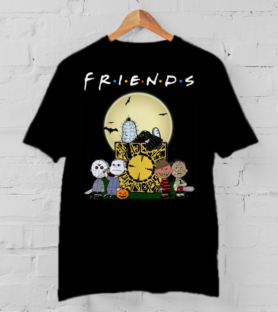 Friends Peanuts Horror Movie Characters Crossover Featuring Iconic Monsters And Symbols T-Shirt