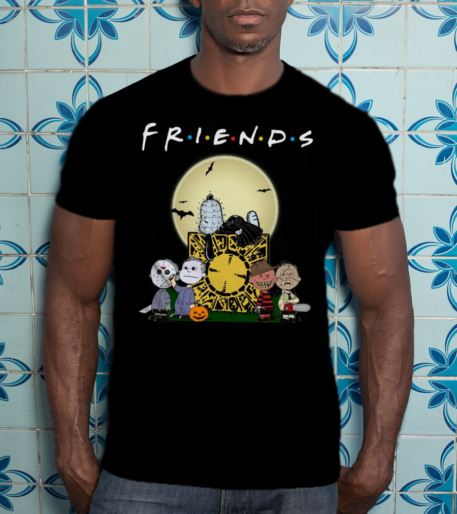 Friends Peanuts Horror Movie Characters Crossover Featuring Iconic Monsters And Symbols T-Shirt