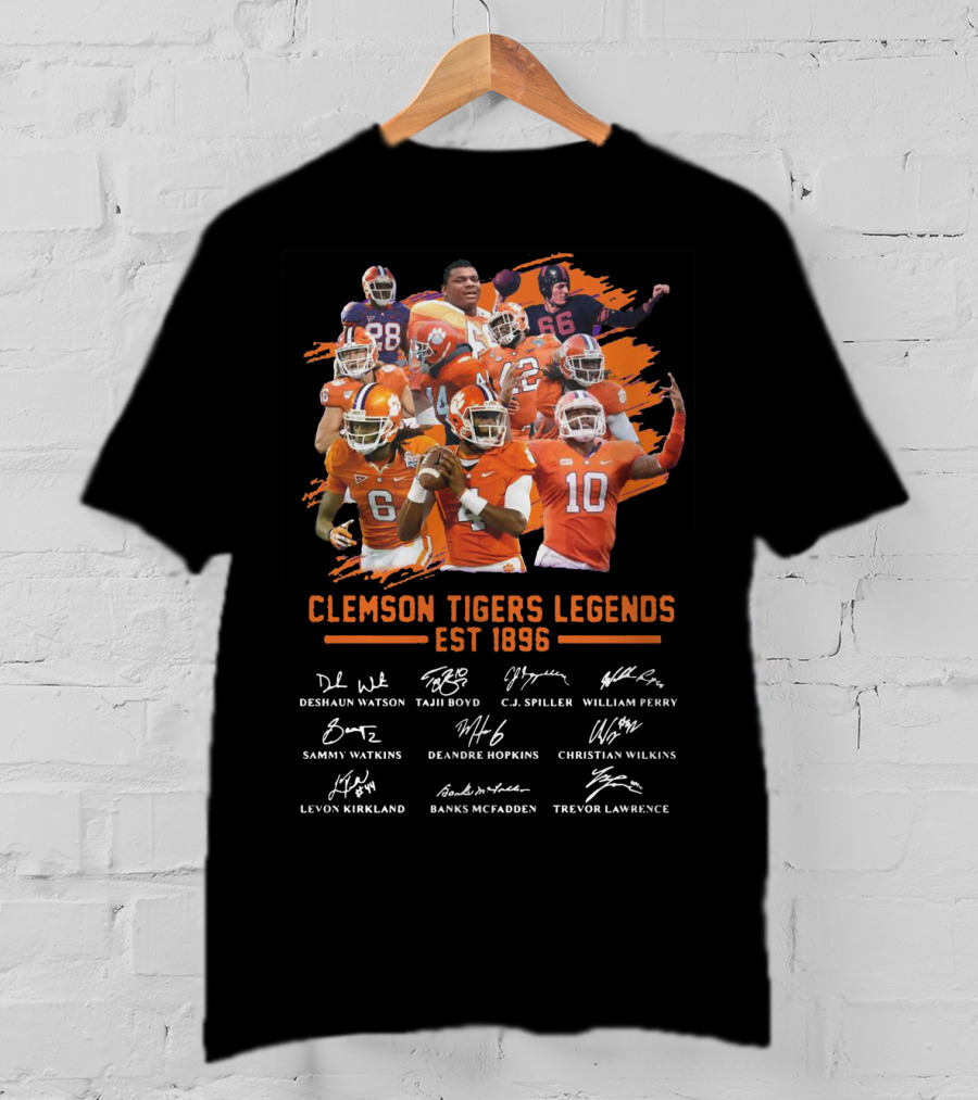 Clemson Tigers Legends Est 1896 Deshaun Watson Tajh Boyd C.J. Spiller William Perry Sammy Watkins Deandre Hopkins Christian Wilkins Levon Kirkland Banks McFadden Trevor Lawrence T-Shirt