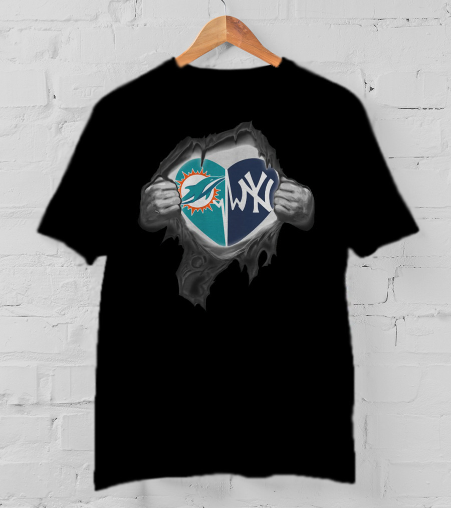 Blood Inside Me Miami Dolphins Heart New York Yankees T-Shirt