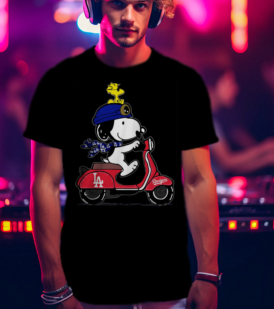 Snoopy Riding Vespa Los Angeles Dodgers Mascot With Woodstock T-Shirt
