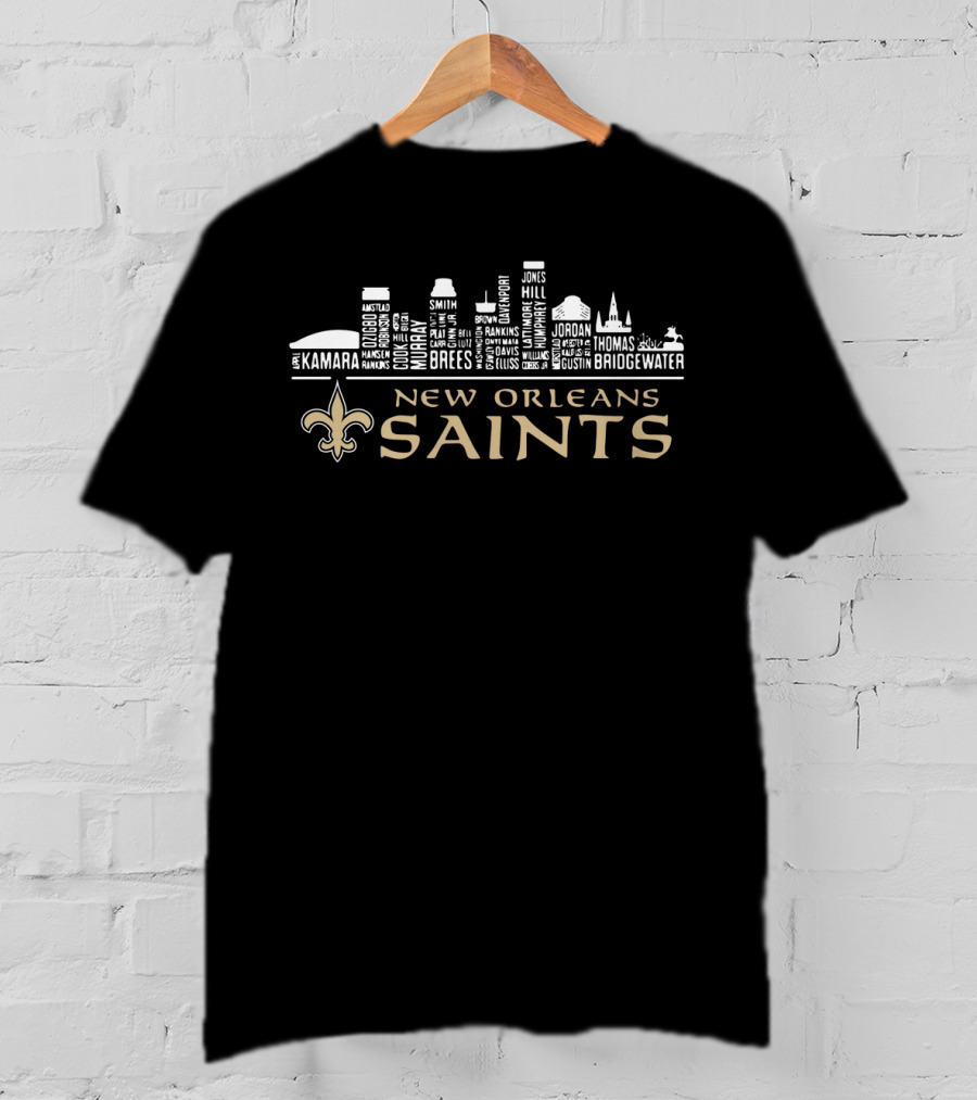New Orleans Saints Skyline Players Kamara Brees Thomas Bridgewater Fleur-De-Lis T-Shirt