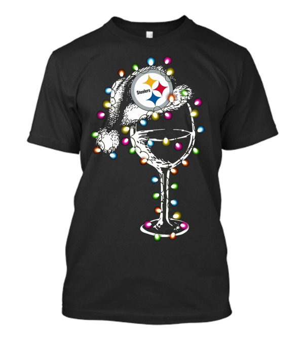 Pittsburgh Steelers Christmas Wine Glass Santa Hat Lights T-Shirt