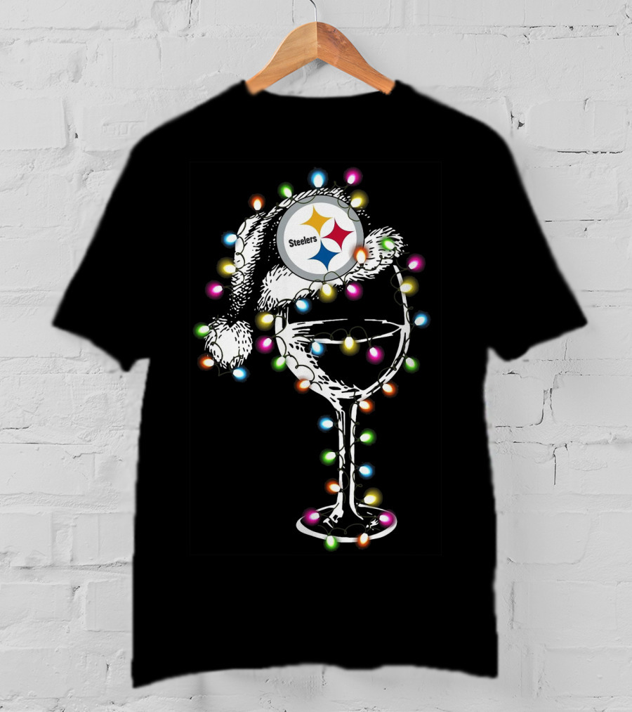 Pittsburgh Steelers Christmas Wine Glass Santa Hat Lights T-Shirt
