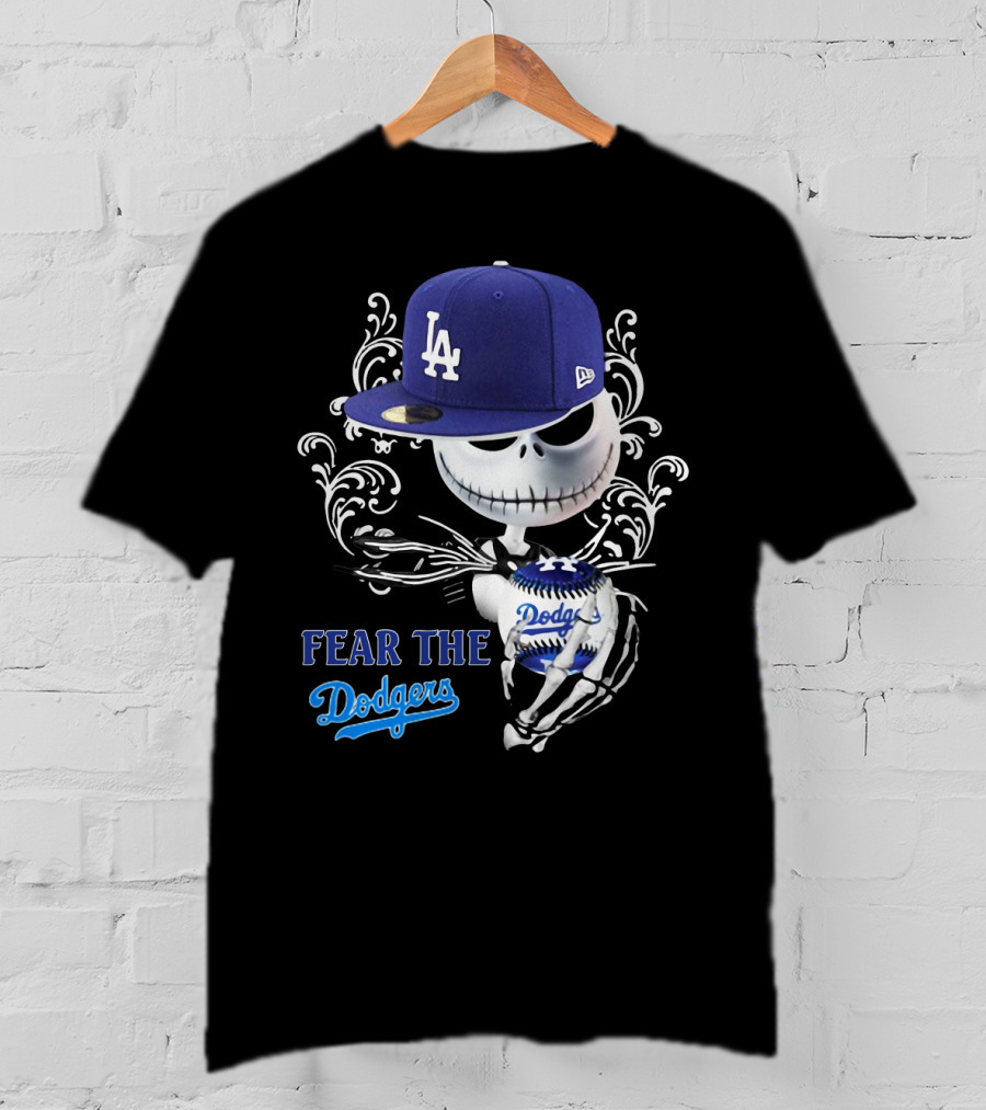 Fear The Dodgers Jack Skellington LA Dodgers Hat Baseball Scene T-Shirt