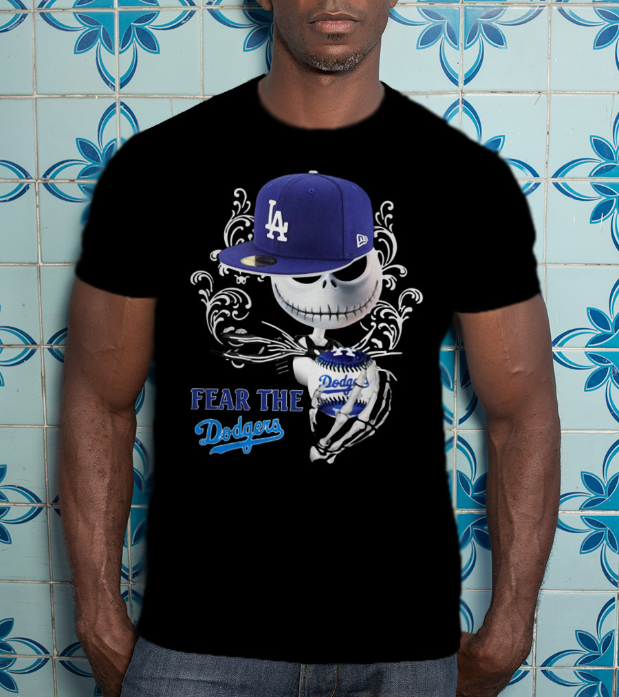 Fear The Dodgers Jack Skellington LA Dodgers Hat Baseball Scene T-Shirt