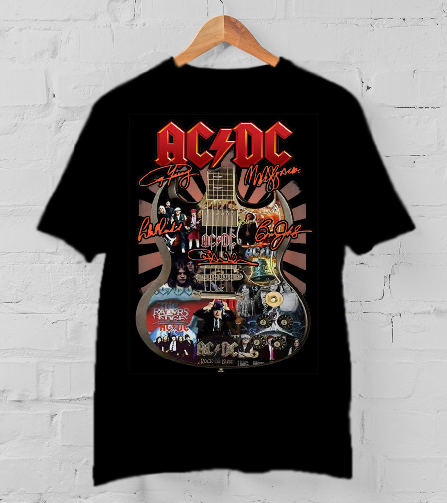 Ac Dc Rock Or Bust Collage Guitar With Autographs And Album Covers T-Shirt