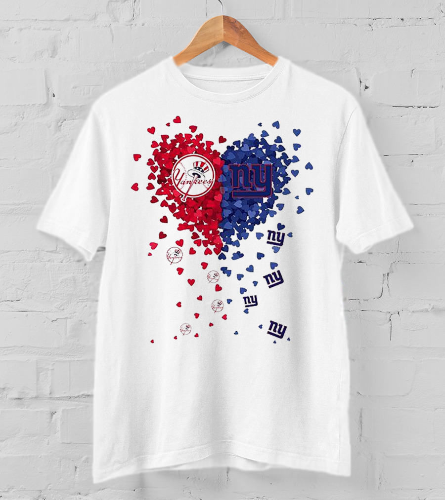New York Yankees Giants Heart Shaped Logos With Red And Blue Hearts T-Shirt