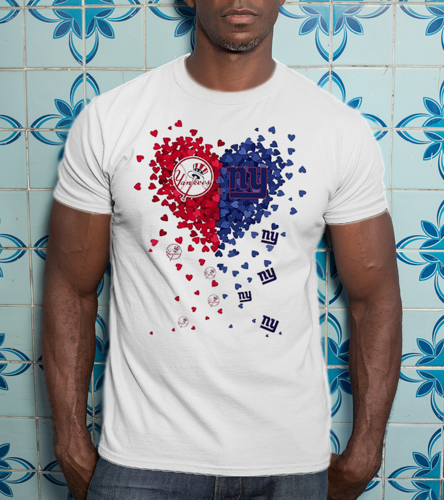 New York Yankees Giants Heart Shaped Logos With Red And Blue Hearts T-Shirt