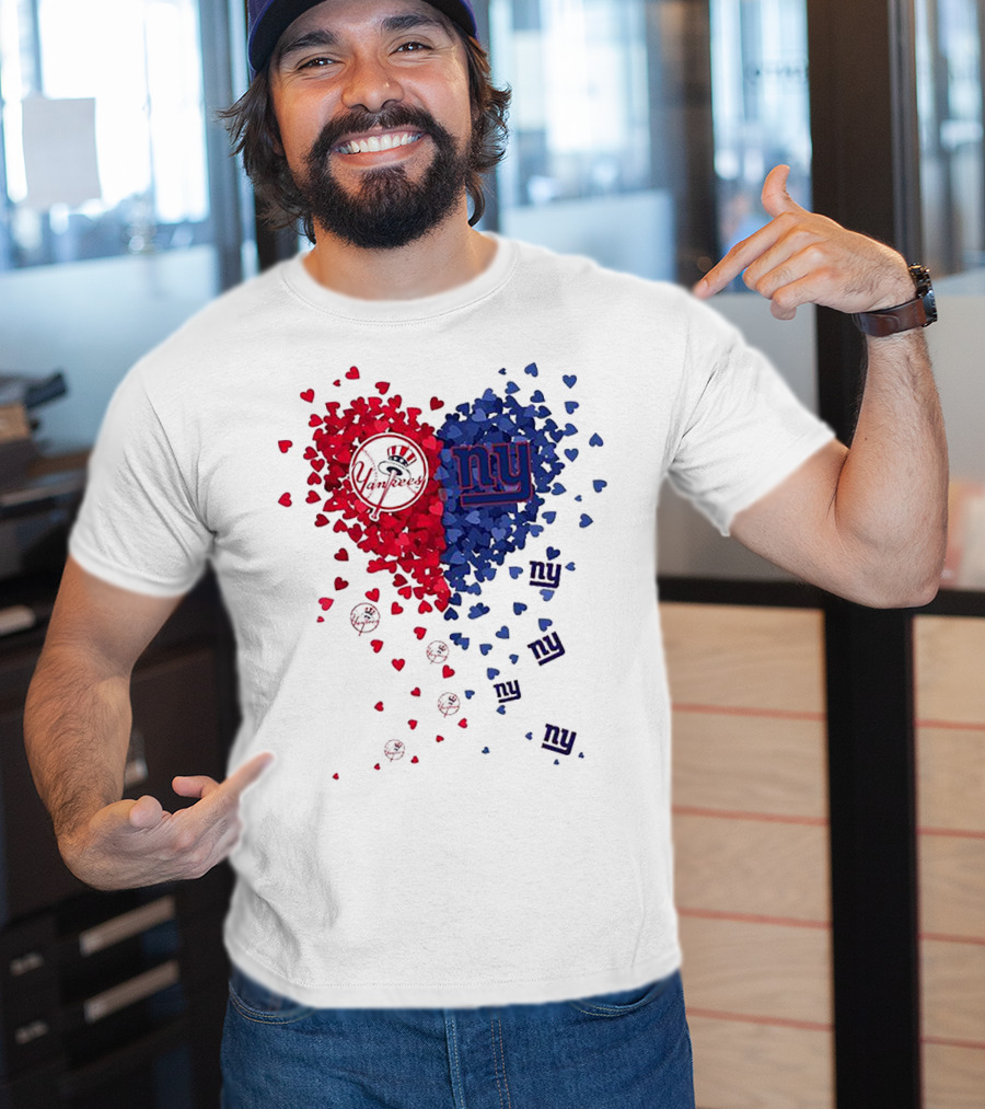 New York Yankees Giants Heart Shaped Logos With Red And Blue Hearts T-Shirt