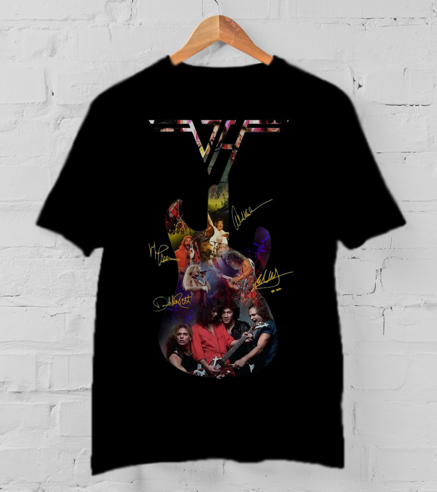 Van Halen Guitar Signed Collage With Band Members T-Shirt