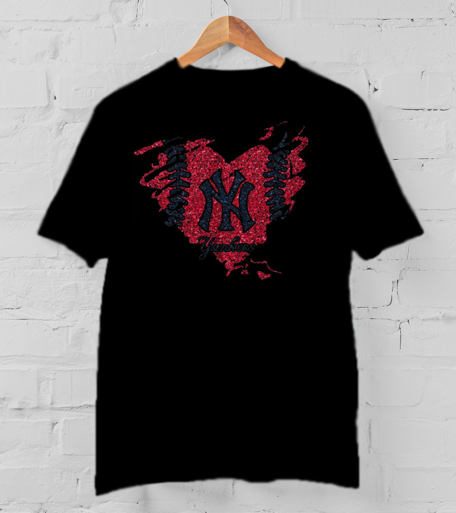 Heart Diamond Glitter New York Yankees Baseball Stitching T-Shirt