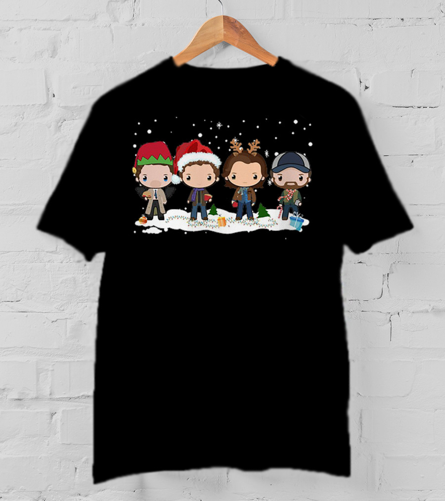 Supernatural Holiday Chibi Characters With Christmas Hats And Snow Scene T-Shirt