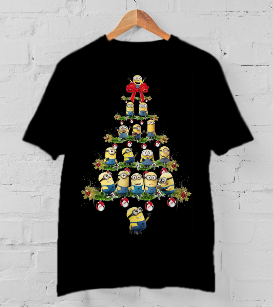 Minions In A Christmas Tree Formation With Festive Decorations T-Shirt