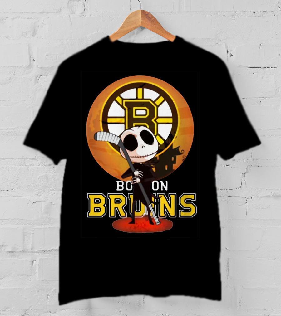 Boston Bruins Jack Skellington Holding Hockey Stick T-Shirt